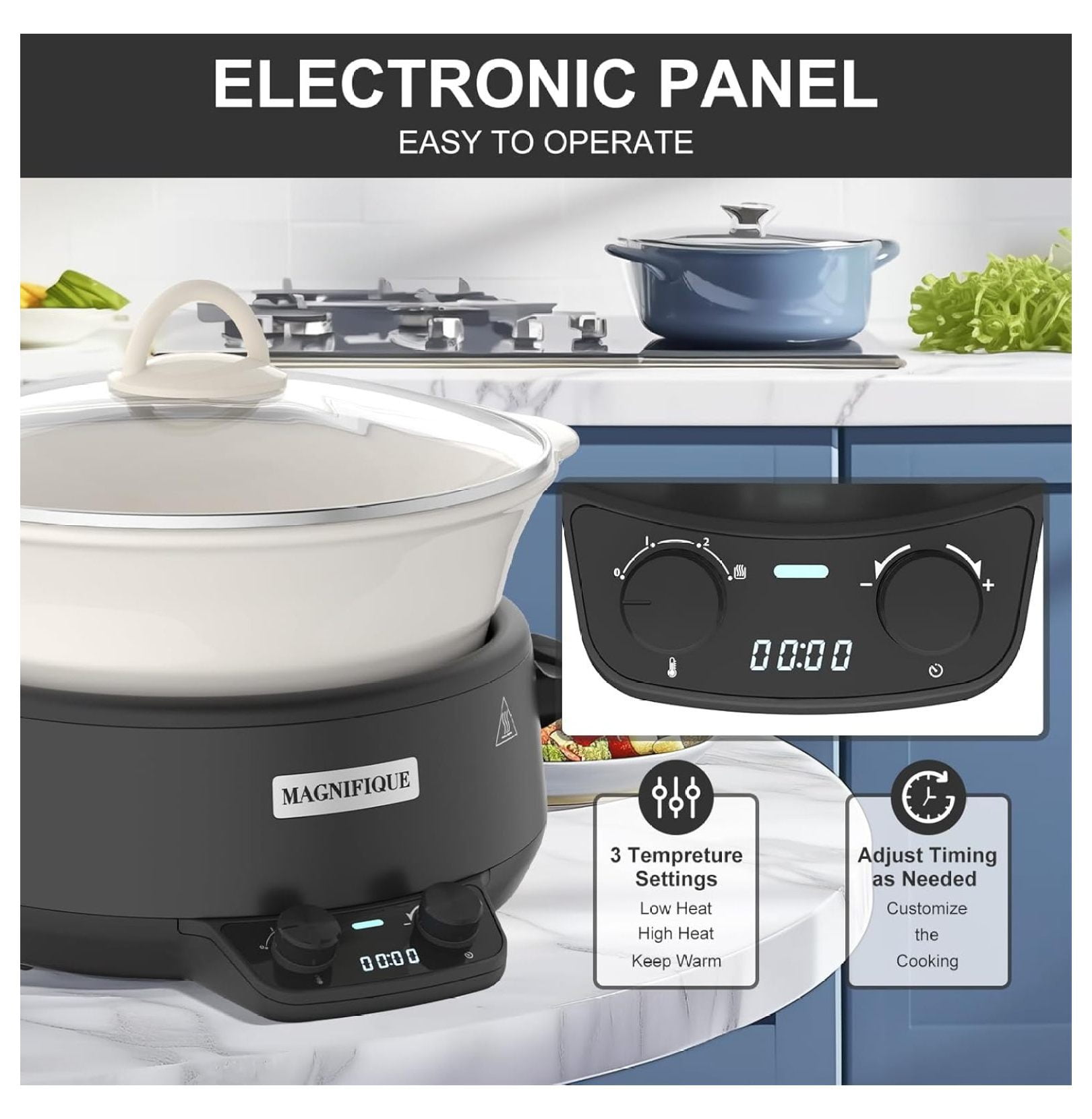 MAGNIFIQUE 5 Quart Programmable Slow Cooker with Auto Warm Setting, Glazed Ceramic Liner, Kitchen Small Appliance for Family Dinners, Black