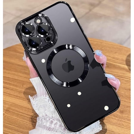 Magnetic Matallic Glossy Clear for iPhone 14 Pro Case with Full Camera Cover Protection [No.1 Strong N52 Magnets] [Military Grade Drop Protection] for Women Girls Phone Case (6.1 )-Black
