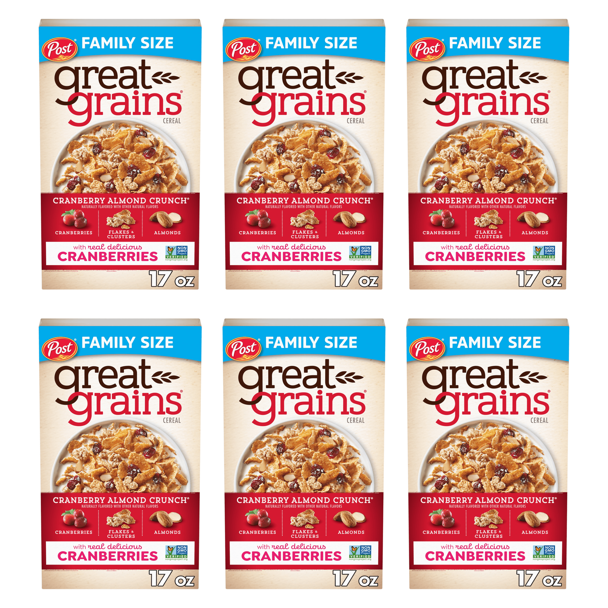 Post Great Grains Cranberry Almond Crunch Cereal, Non GMO, Heart Healthy, Low Fat, Whole Grain, Crunchy 17oz (Pack 6)