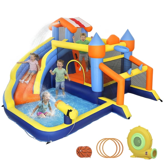 Qaba Inflatable Bounce House with Slide, Pool/Ball Pit for Indoor Outdoor
