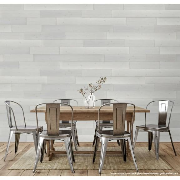 Bella Peel and Stick Solid Wood Wall Paneling, Assorted Length, 5-inch Width, 19 sq ft Weathered White