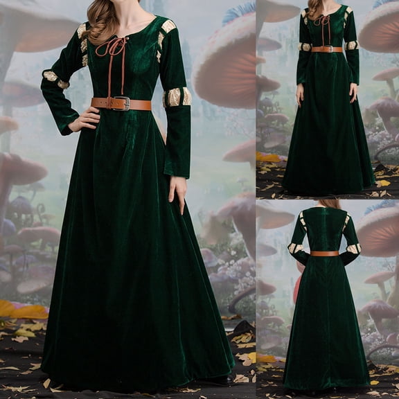 ersvoioy Womens Medieval Vintage Princess Costume Dress Square Neck Long Sleeve Velvet A Line Maxi Gown with Belted Waist Soft Fabric for Halloween Cosplay Renaissance Faire and Royal Theme Parties