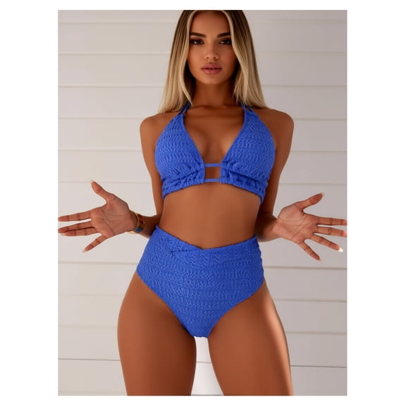 Women's Cobalt Blue Bikini Set - Textured Halter Swimsuit, Ruched High Waist Two Piece Bathing Suit, Summer Beach Swimwear for Women, Cobalt Blue, Size S-XXL