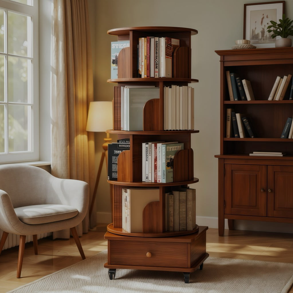 5-Tier Rotating Bookshelf with Drawer, 360° Spinning Corner Bookcase Tower, Narrow Space-Saving Floor Standing Storage Rack for Bedroom, Living Room, Walnut