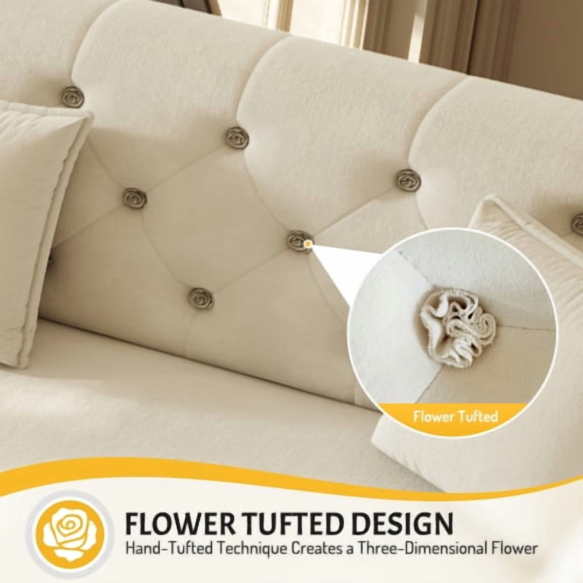 74.4" Queen Pull Out Sofa Bed, Convertible Sleeper Sofa with Handmade Fabric Flower Tufted Design, Multi-Functional Velvet Loveseat Bed for Living Room, Bedroom, Beige