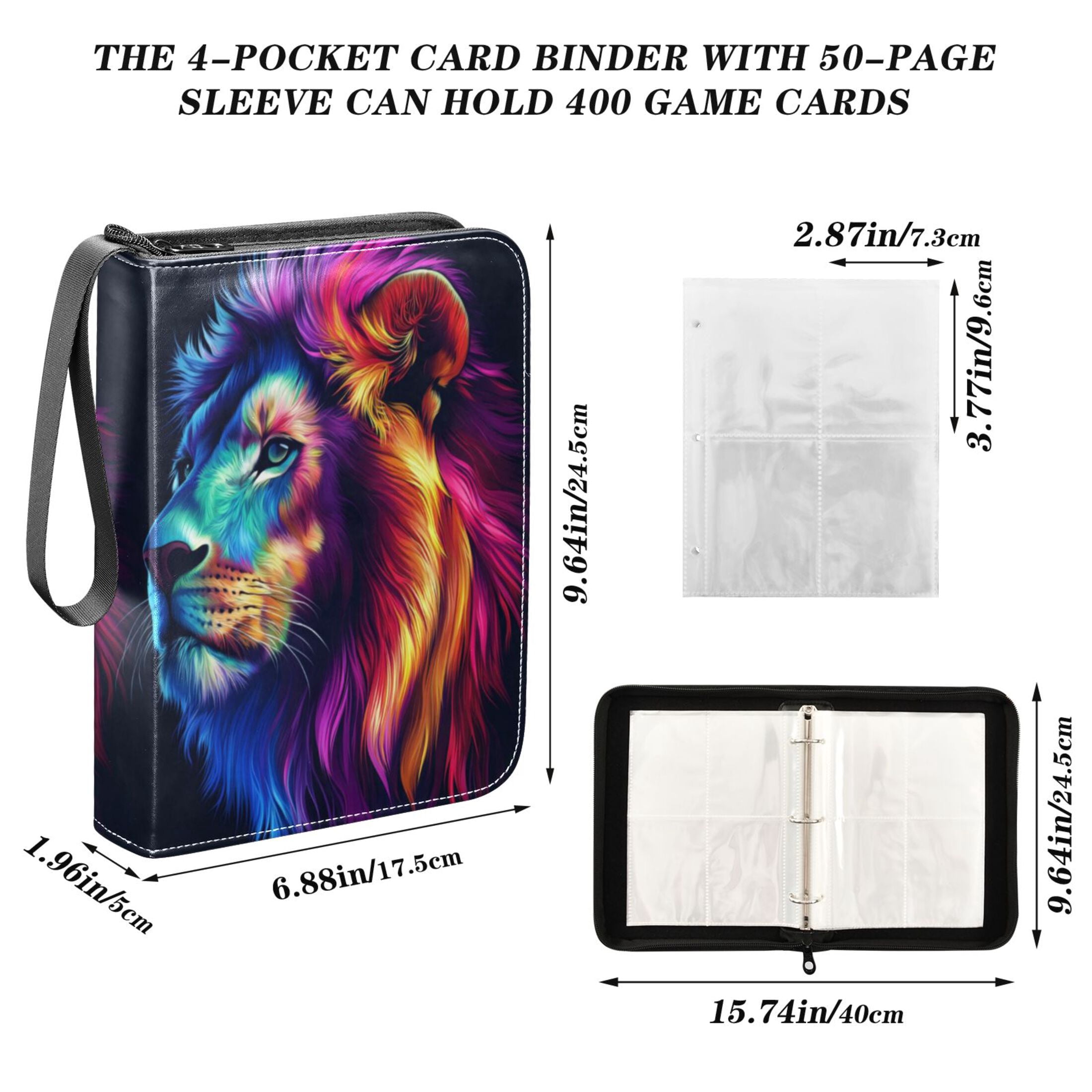Game Card Storage Bag Collectible Trading Card Albums The 4-Pocket Card Binder With 50-Page Sleeve Can Hold 400 Game Cards The Colorful Mighty Lion