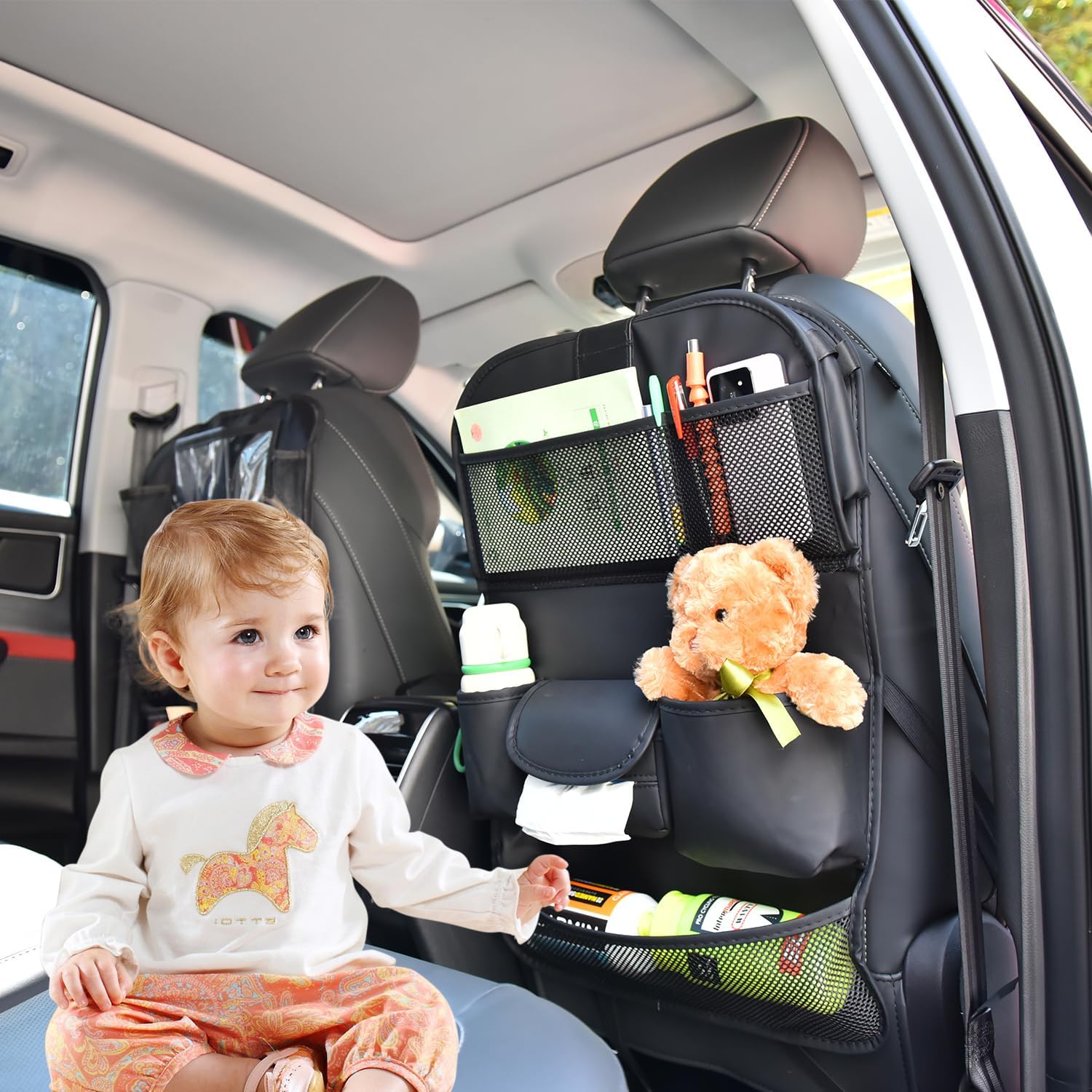Car Backseat Organizer with Foldable Table Tray, Premium Leather Car Seat Back Protectors Kick Mats, Toy Storage Box with 10 Inch Touch Screen, Tablet Holder