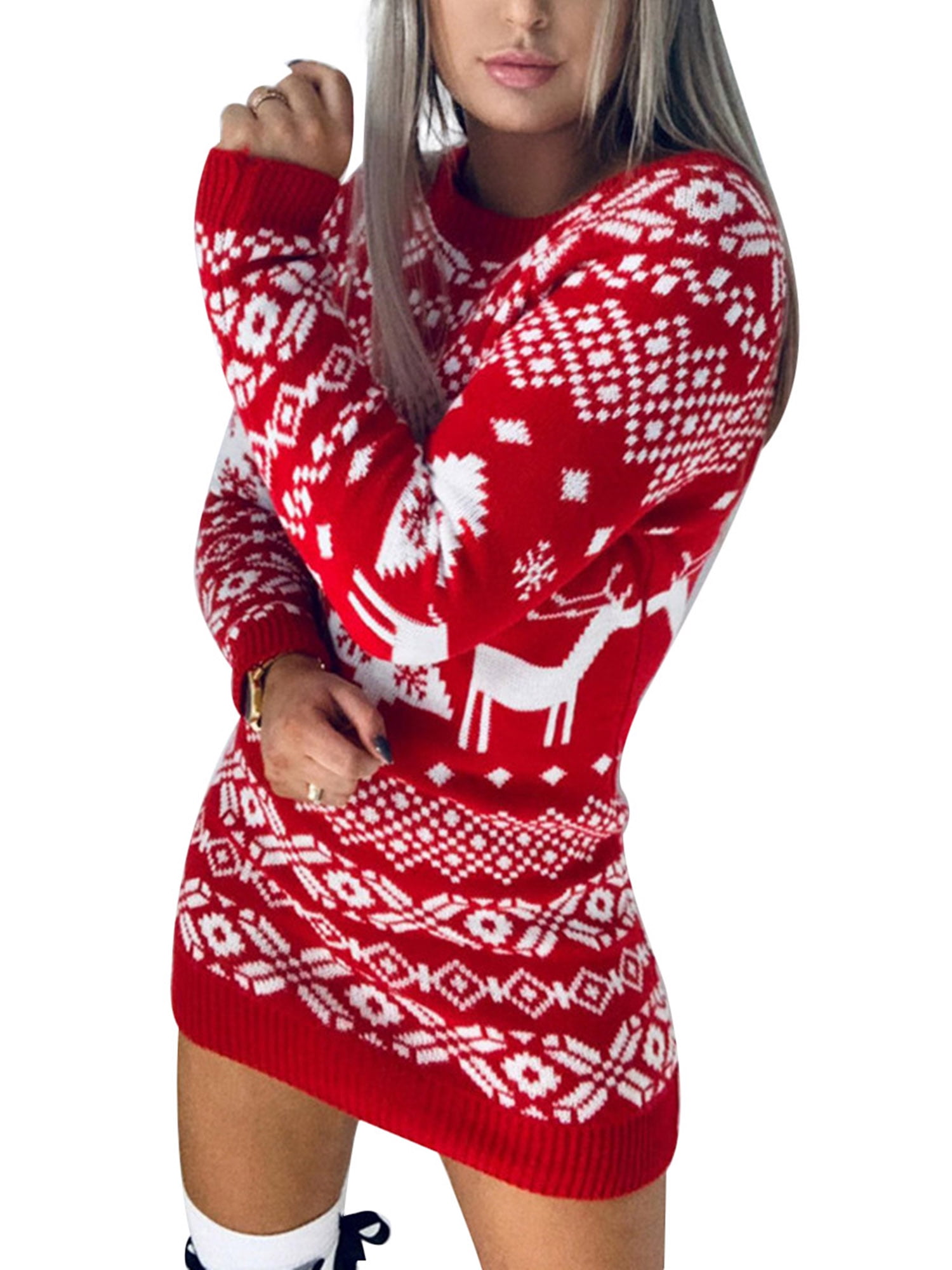 Licupiee Ugly Christmas Sweater Dress for Women Long Sleeve Crew Neck  Bodycon Party Pencil Mini Dress 