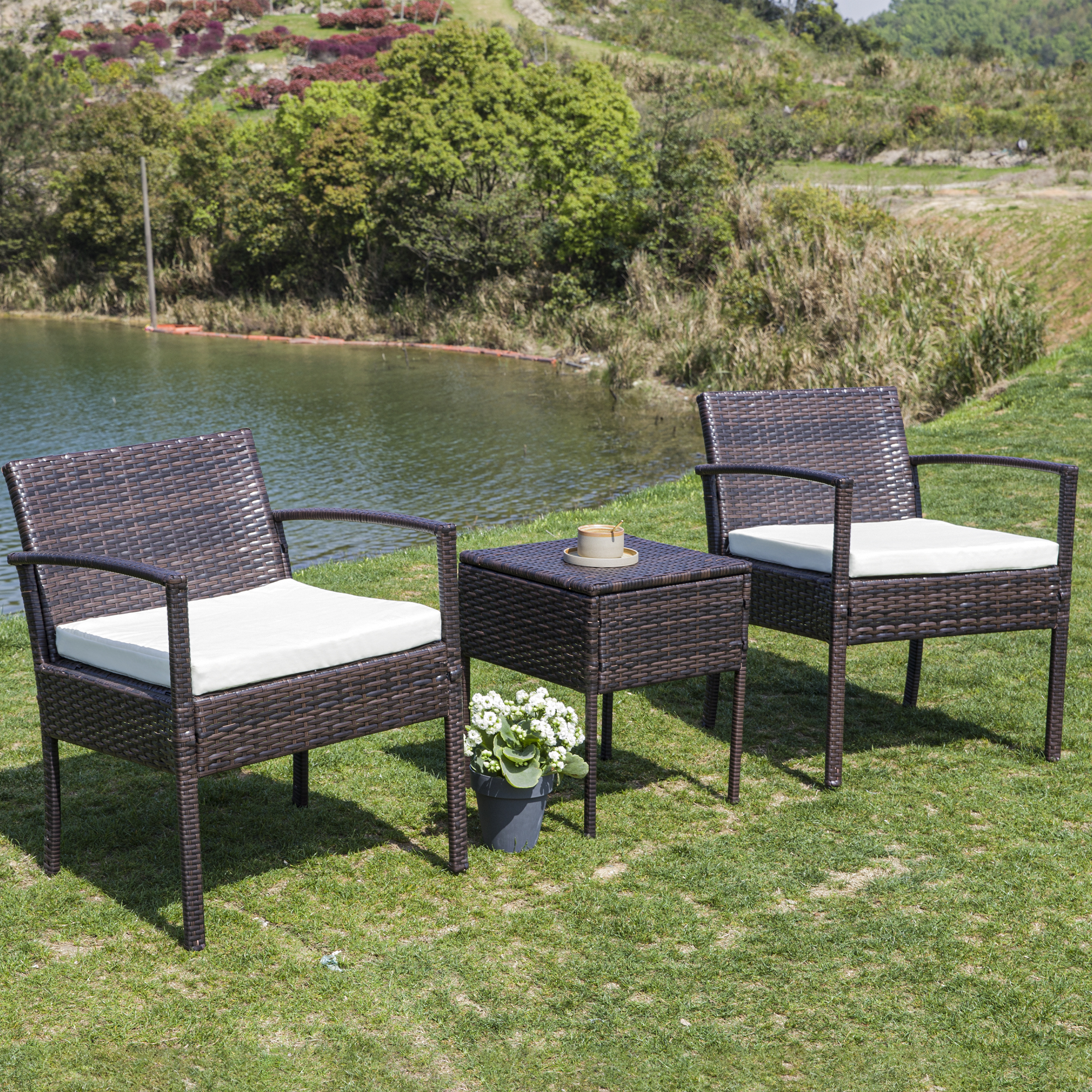 FHFO Patio Furniture Set Outdoor Furniture Outdoor Patio Furniture Set 3 Pieces Patio Conversation Set Table and Chairs with Cushions for Garden Balcony Backyard Porch Lawn Brown Rattan White Cushion - image 1 of 6