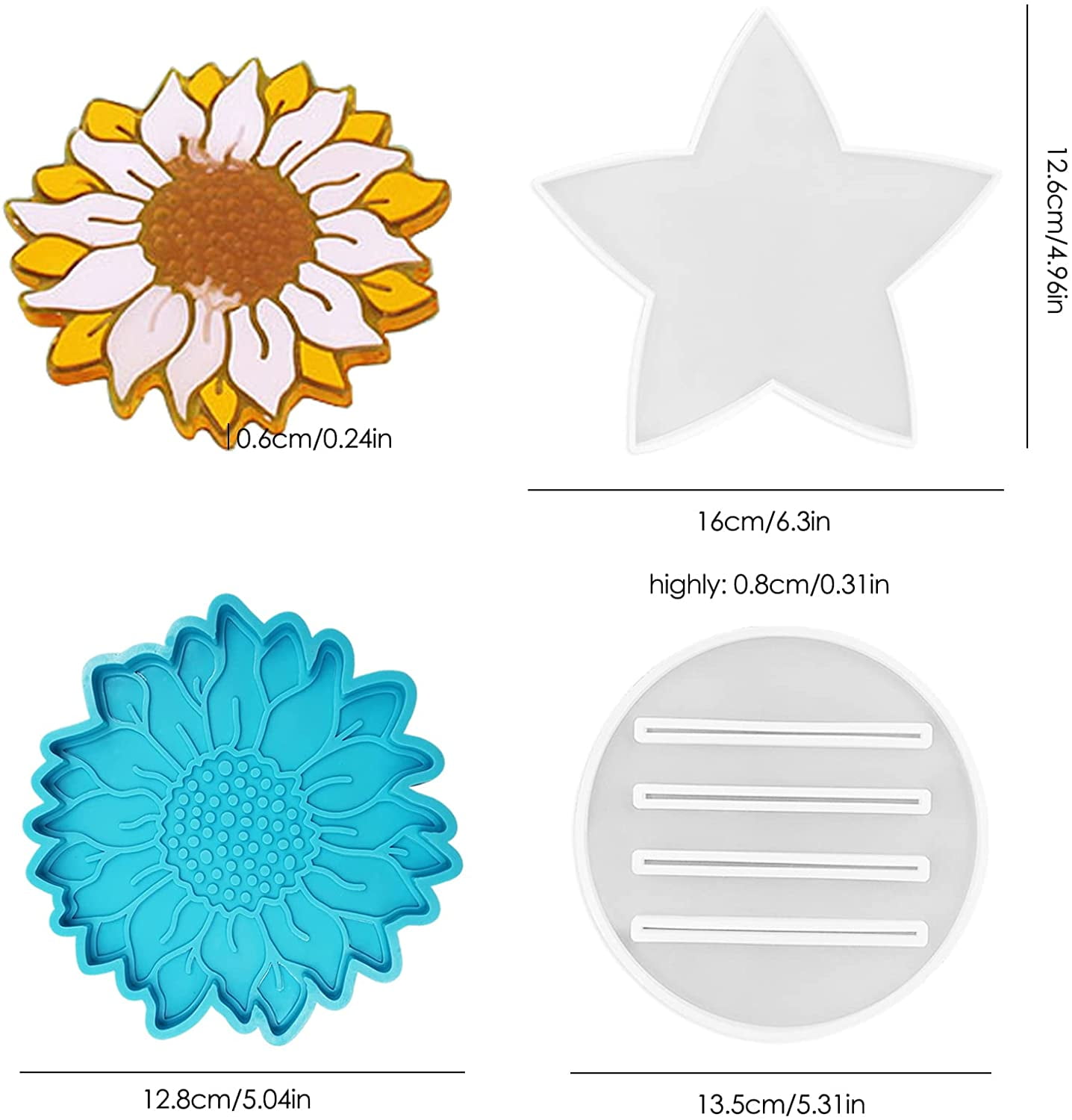7 Pieces Epoxy Resin Casting Coaster Molds, DaKuan 2 Pieces Sun Flower Coaster Molds, 4 Pieces Star Coaster Molds and 1 Pieces Coaster Stand Storage Mold