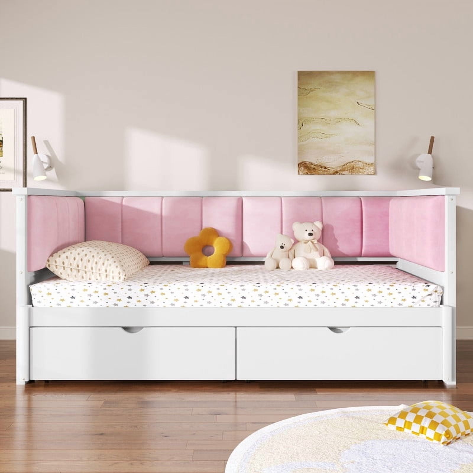 Twin XL to King Size Extendable Daybed with Two Storage Drawers, Expandable Sofa Bed Frame with Upholstered Velvet Backrest