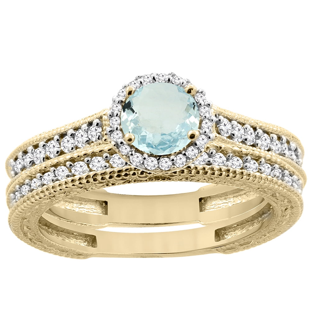 14K Yellow Gold Natural Aquamarine Round 5mm Engagement Ring 2-piece Set Diamond Accents, size 5 by Gabriella Gold