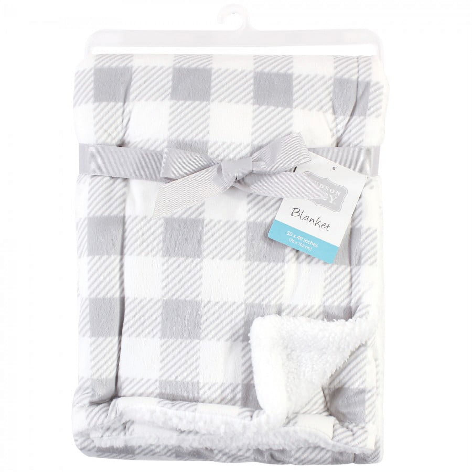 Hudson Baby Infant Plush Blanket with Faux Shearling Back, Gray Plaid, One Size