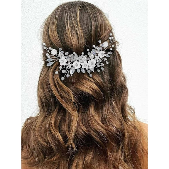 Bride Wedding Hair Vine Silver Flower Leaf Headpiece Rhinestone Bridal Hair Piece Hair Accessories for Women and Girls