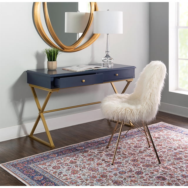 Pemberly Row Two Drawer Desk Gold Metal Criss Cross Legs Top in Blue Wood