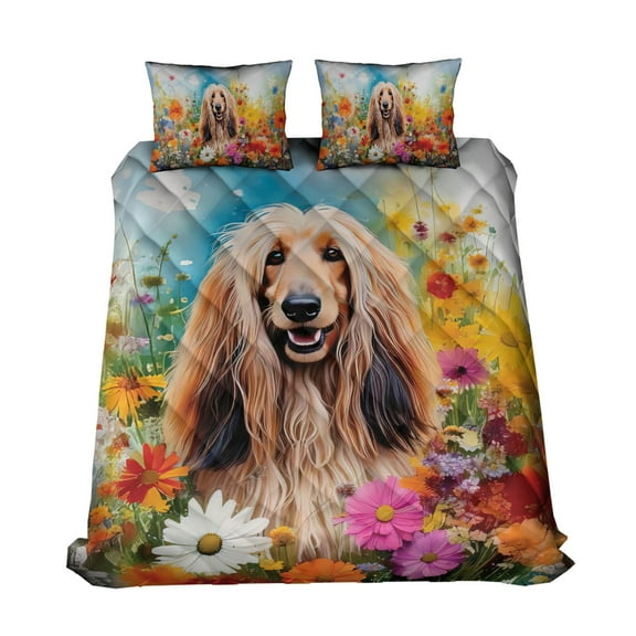 Welcome Spring Summer Afghan Hound Portrait Flower Blue Sky Quilt Bedding Set Dog Lover 1 Blanket Bed Cover 2 Pillowcases - 12001
