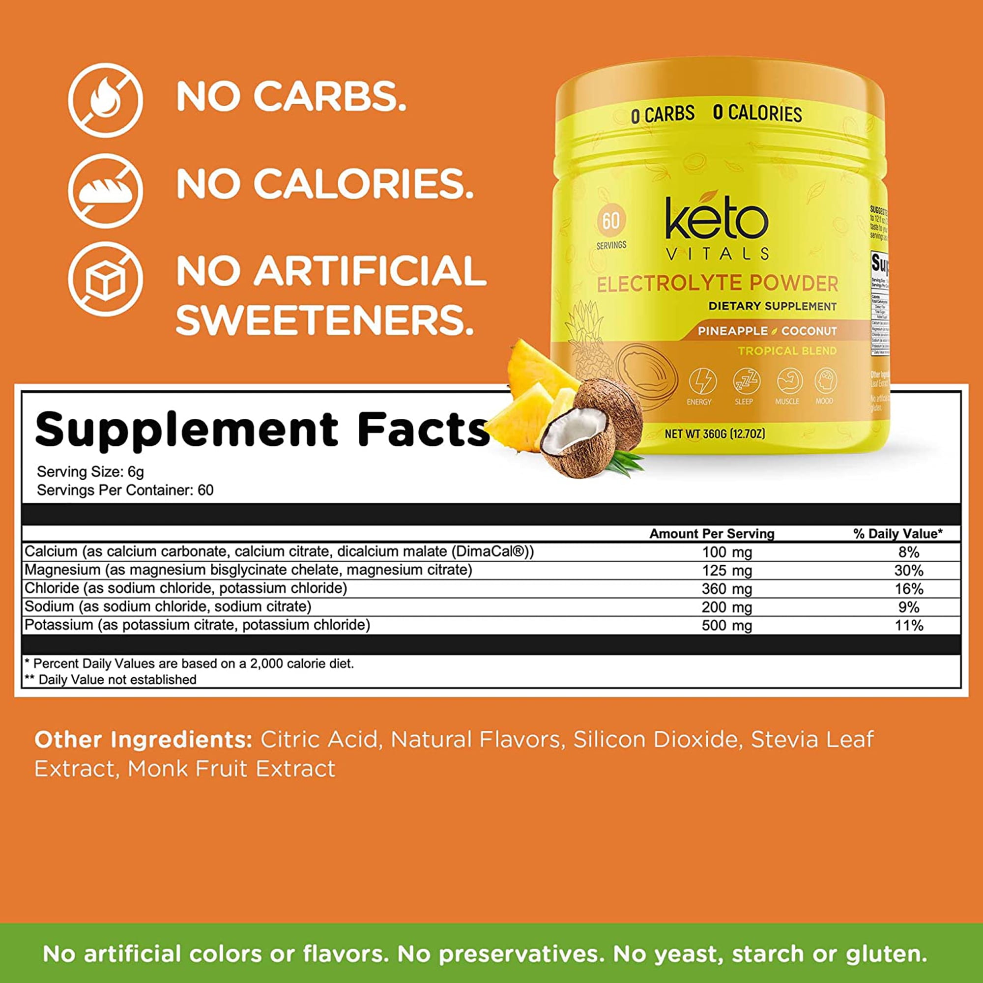 Keto Vitals Keto Electrolytes Powder for Hydration, Sleep, Energy, Muscle Function Pineapple Coconut 10 oz