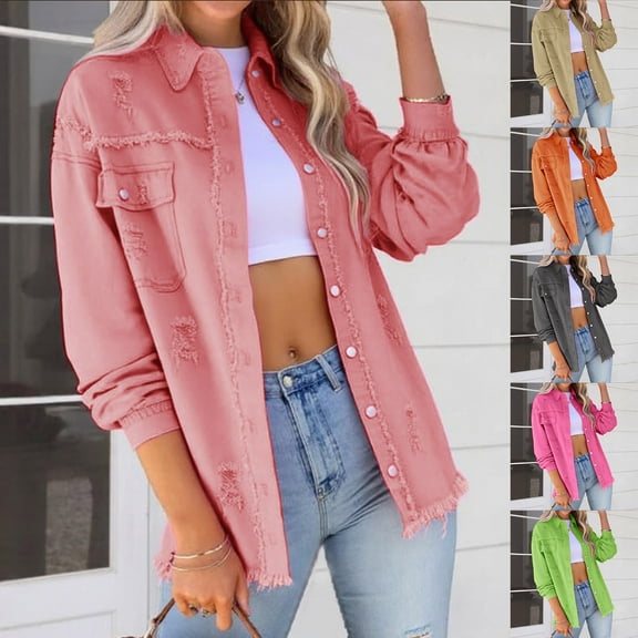 FRSASU Women's Denim Jacket Raw Edge Hole Long Sleeve Basic Trendy Jean Jacket Coat Pink XL(XL)