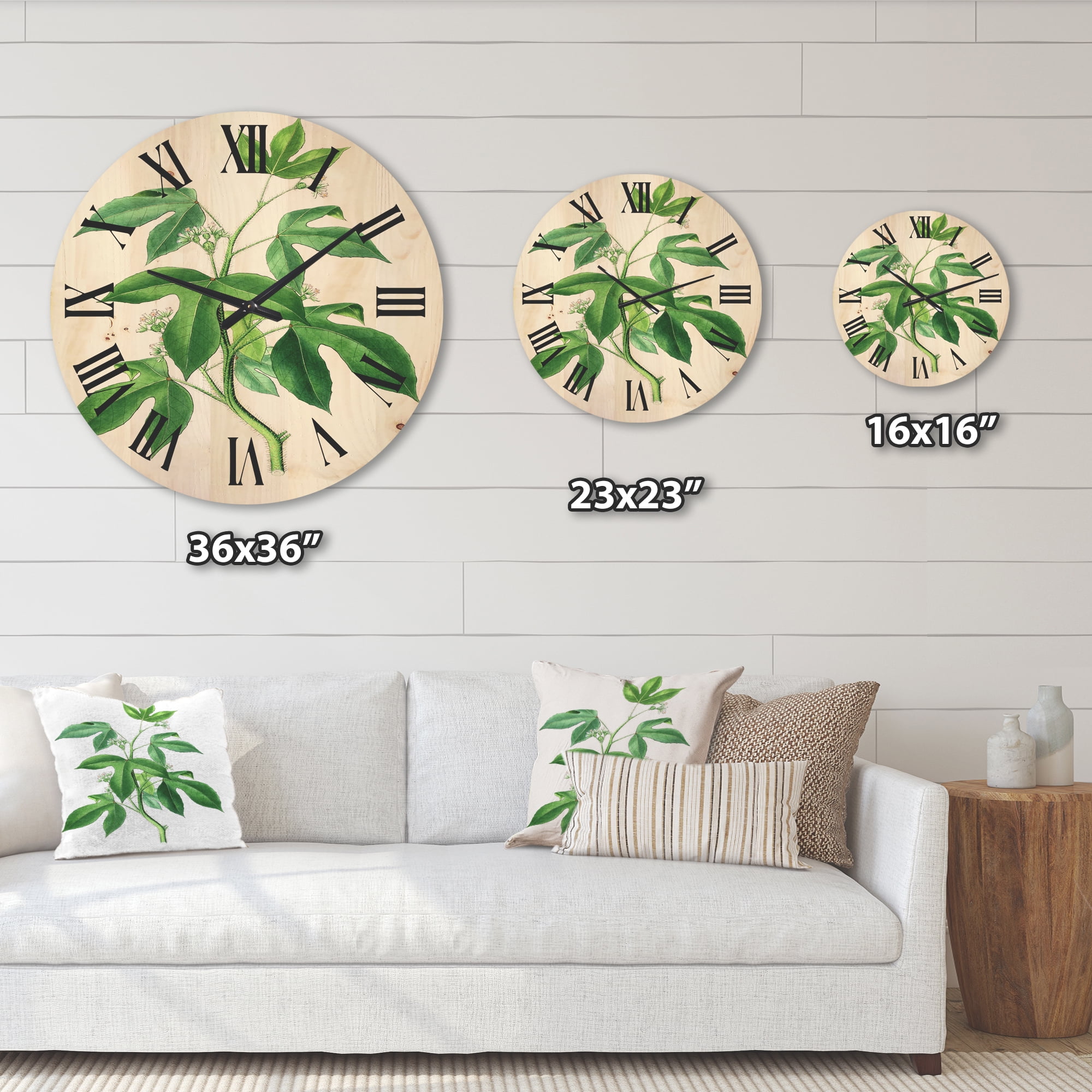 Designart 'Ancient Green Leaves Plants V' Traditional Wood Wall Clock