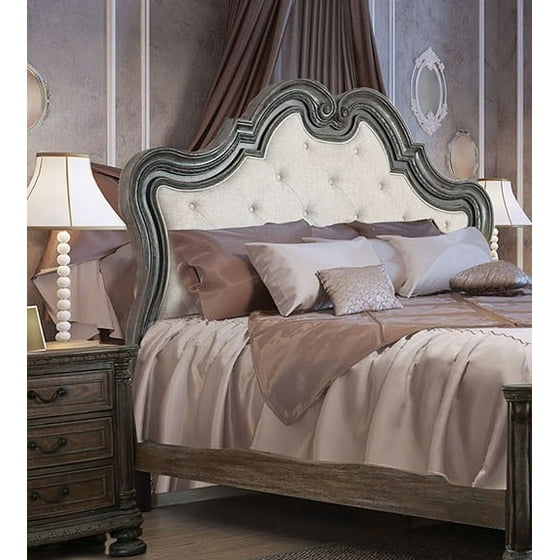 Traditional Bedroom Furniture 4pc Set Queen Size Bed Dresser Mirror Nightstand Stylish Natural Rustic Finish Otn Tufted Padded Fabric Hb