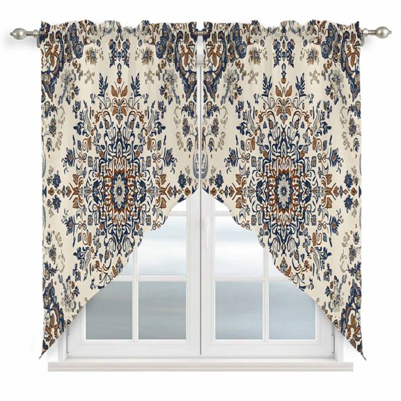 Swag Valance Curtains for Windows, Brown Blue Boho Light Filtering Kitchen Curtains with Rod Pocket, Southwestern Geometric Ethnic Decorative Window Treatment Valances for Living Room, 36x45 - 2 PCS