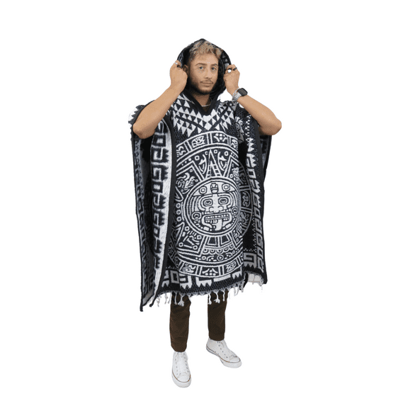 Mexican Poncho Gaban Aztec Calendar With Hoodie One Size Unisex (Black)
