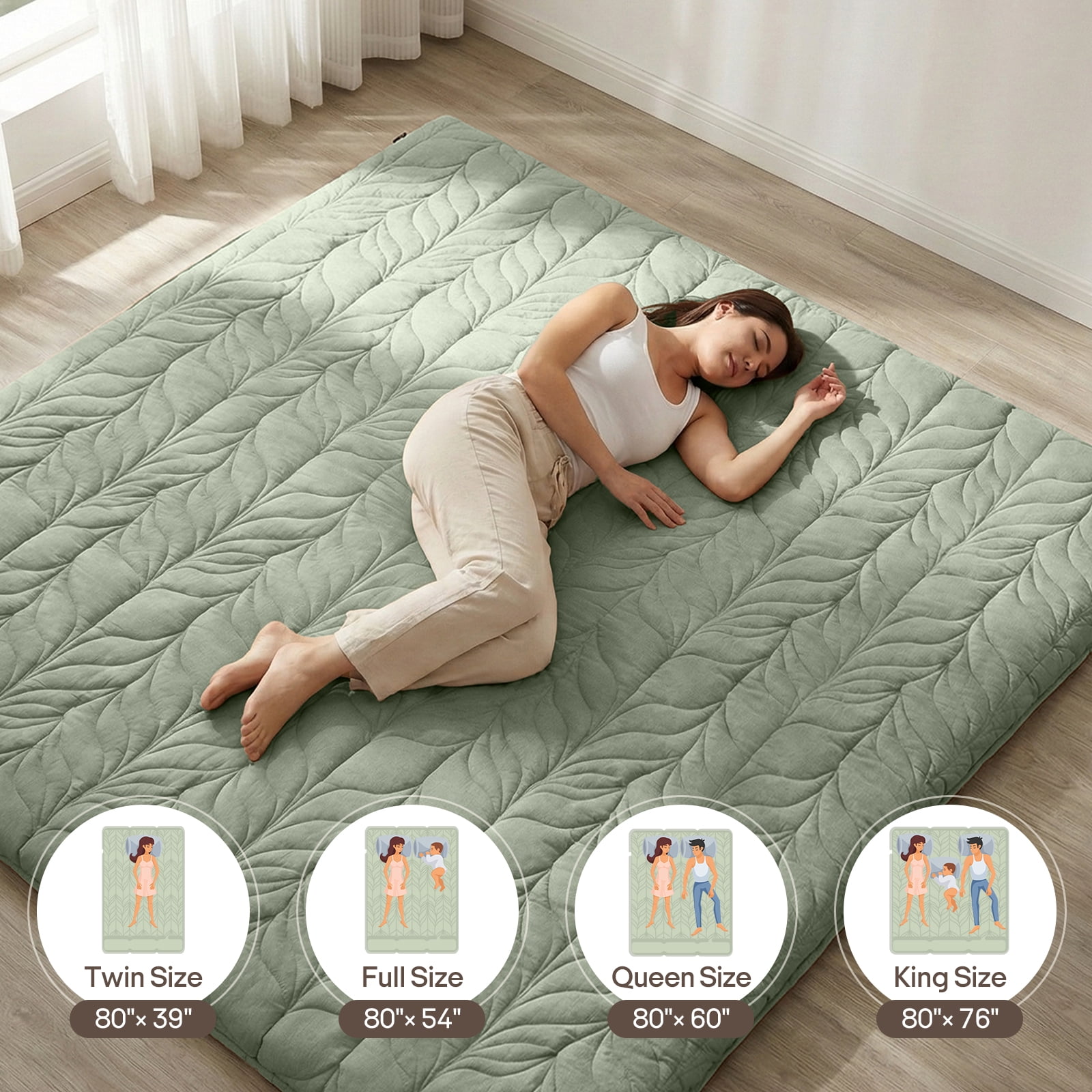 Zonli Japanese Floor Mattress Futon, Foldable Tatami Mat with Cotton Cover, Full 75"x54", Green