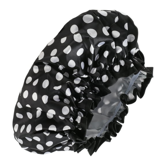1 Pc Women Double Layer Dots Shower Cap for Bathroom Vacation Travel Black White Satin PEVA