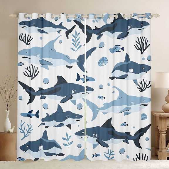 Manfei Ocean Shark Blackout Curtains, Kawaii Sealife Lover Window Curtains Pack of 2 (38x45 Each), Navy Blue