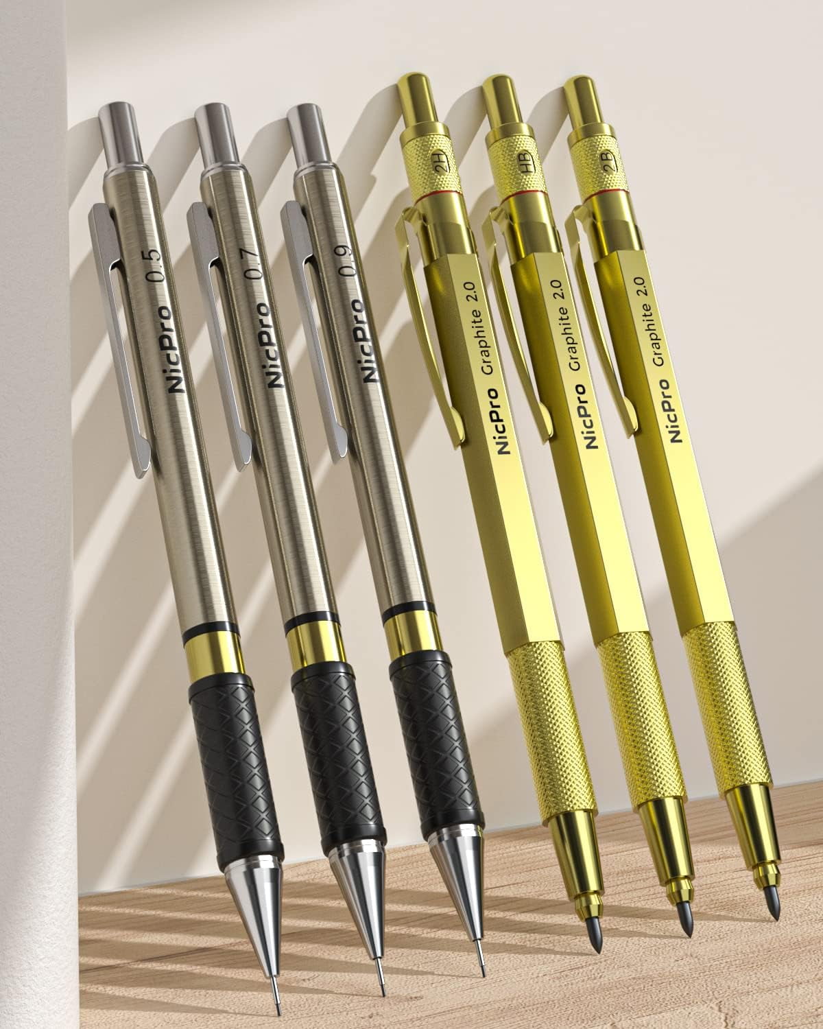 Nicpro 29PCS Art Mechanical Pencils Set in Leather Case, Gold Metal Drafting Pencil 0.5, 0.7, 0.9 mm, 2mm Lead Pencil Holders for Sketching Drawing With 15 Tube (4B 2B HB 2H 4H & Colored)Lead Refills