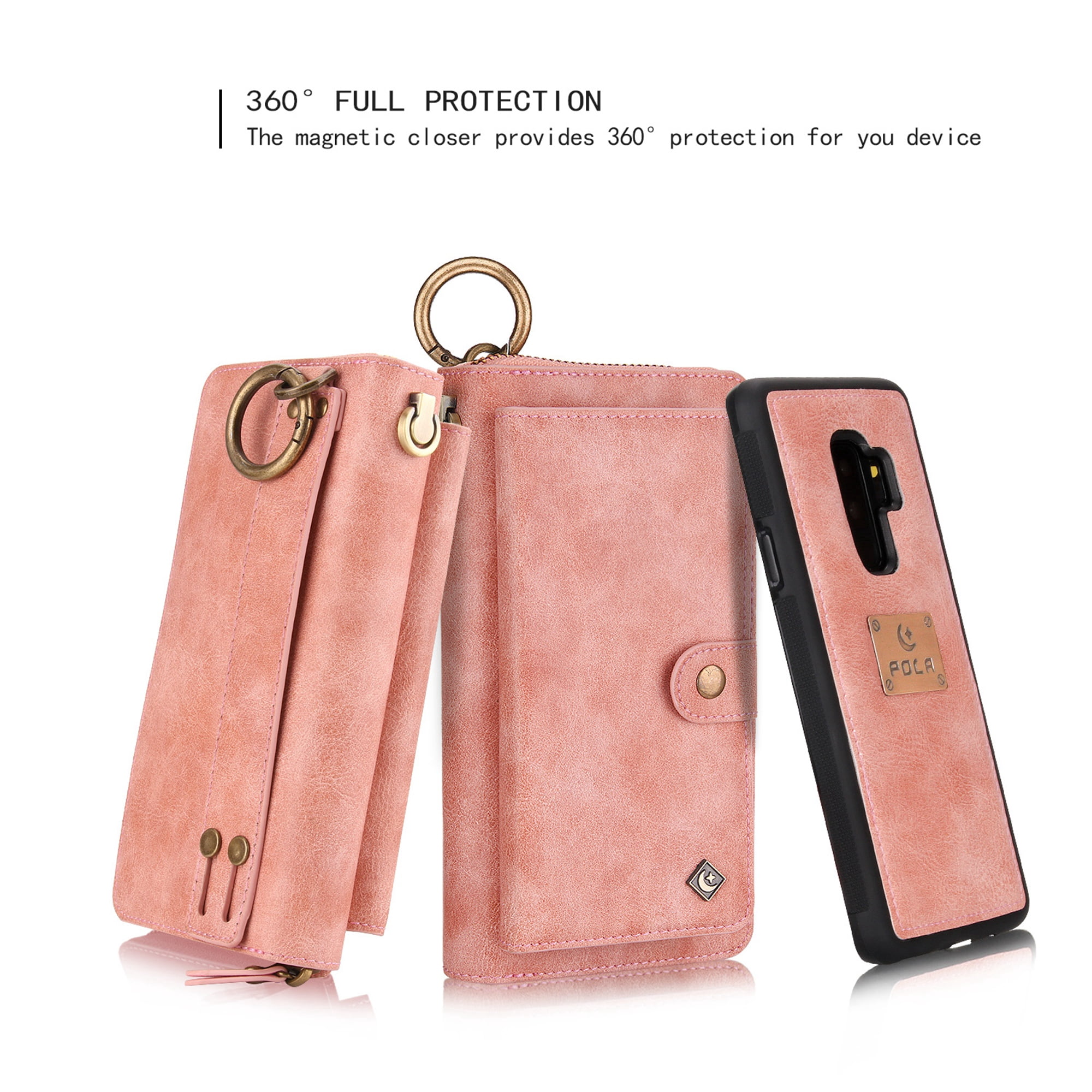 Galaxy S9 Plus Wallet Detachable Case, Dteck [wrist band][14 Card Slots] Zipper Purse Phone Case Multi-functional Folio Flip PU Leather Removable Magnetic Back Cover For Samsung Galaxy S9+,Pink