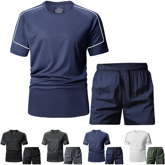 Mens Track Suit Crew Neck Short Sleeve Lightweight Shirts Shorts Man Casual Fashion Drawstring Elastic Waisted Shorts T-Shirt Sport Sets