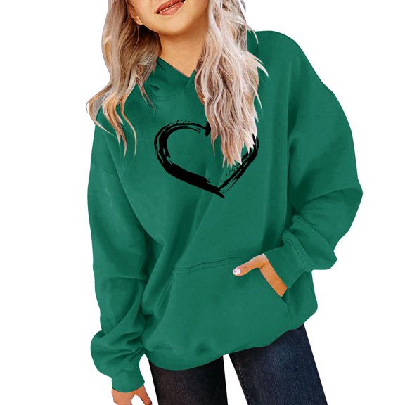 UACY Girls Retro Heart Print Hoodie Sweatshirt, Long Sleeve Hooded Pullover Top, Comfortable Casual Sweatshirt for Kids Daily Wear (Blackish Green, 11-12 Years)