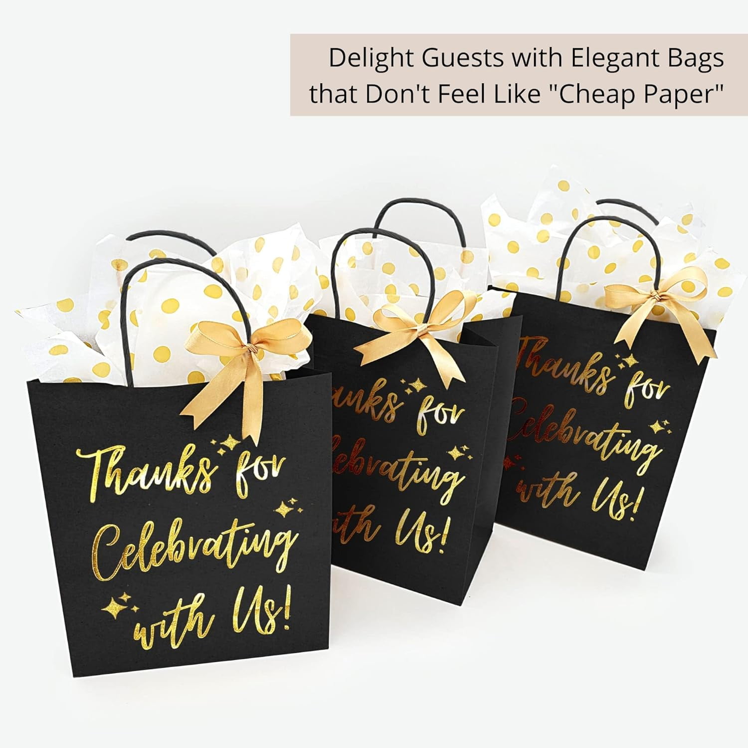Redford Supply Co. 25 Pack Wedding Gift Bag with Tissue Paper - Gold Wedding Gift Bags for Hotel Guests, Welcome Bags for Wedding Guests Bulk, Wedding Gift Bags for