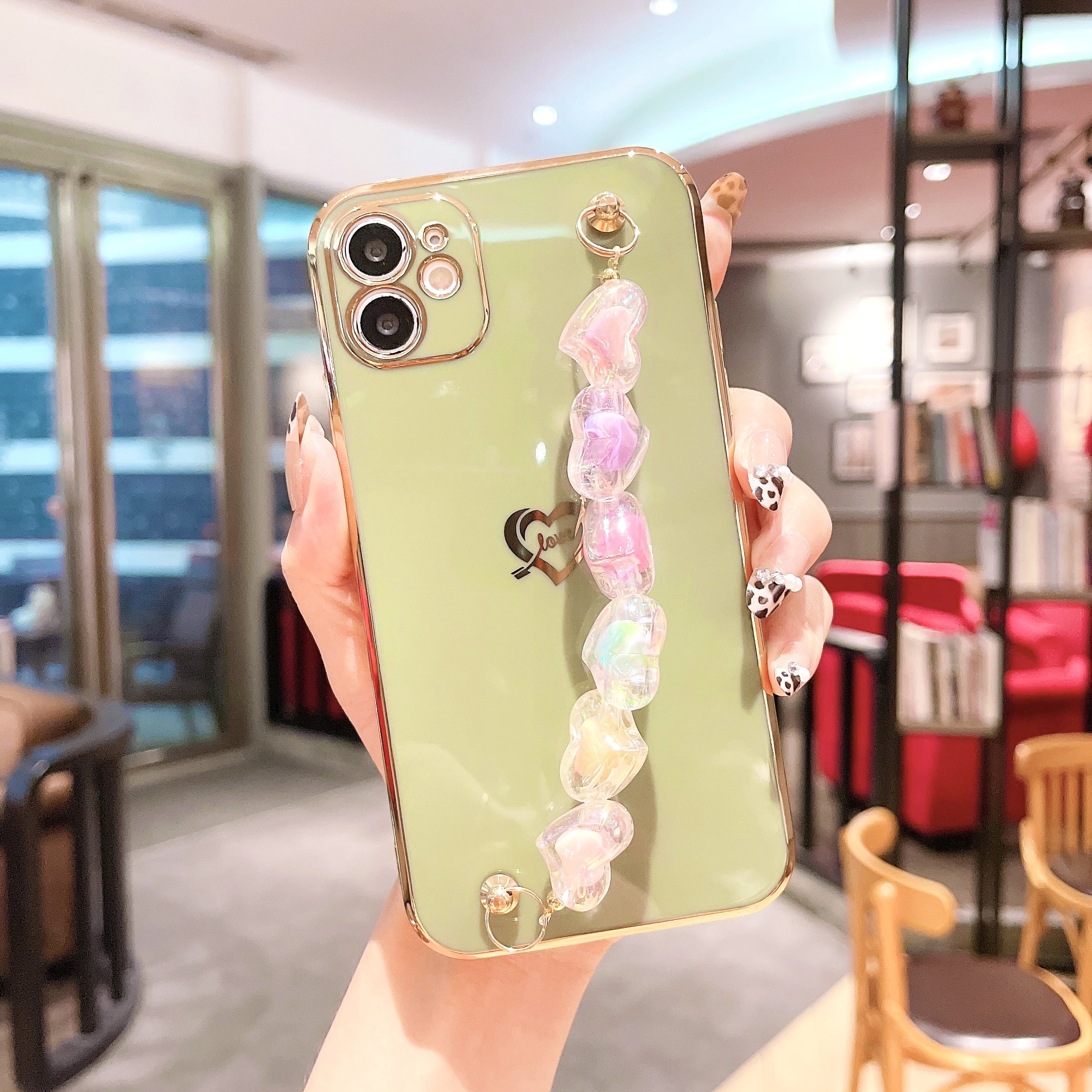 Dteck Luxury iPhone 11 Pro Max Cute Case for Women,Sparkle Plating Heart  Case with Chain Strap Camera Lens Protective Girly Case For iPhone 11 Pro