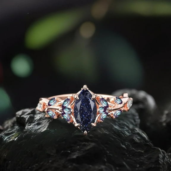 Vintage Marquise Cut Blue Sandstone Engagement Ring in 14K Rose Gold Vermeil – Nature-Inspired Cluster Promise Ring – Art Deco Leaf Gemstone Branch Bridal Ring
