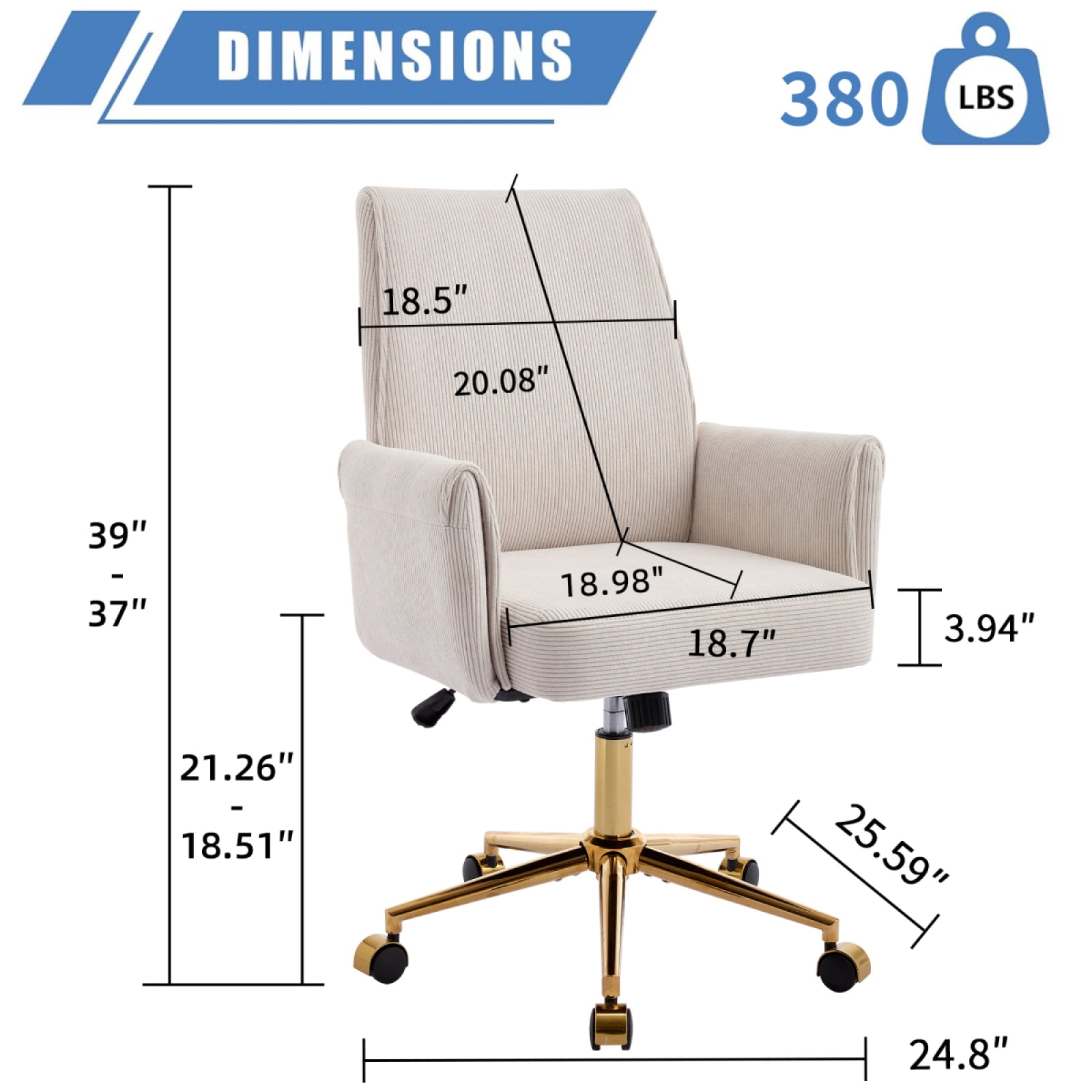Stripes Corduroy 360° Swivel Desk Chair, Gold Base Adjustable Height Home Office Armchair with Wheels, Ergonomic Mid-Back Comfy Computer Chair for Home Study Living Room Bedroom, White