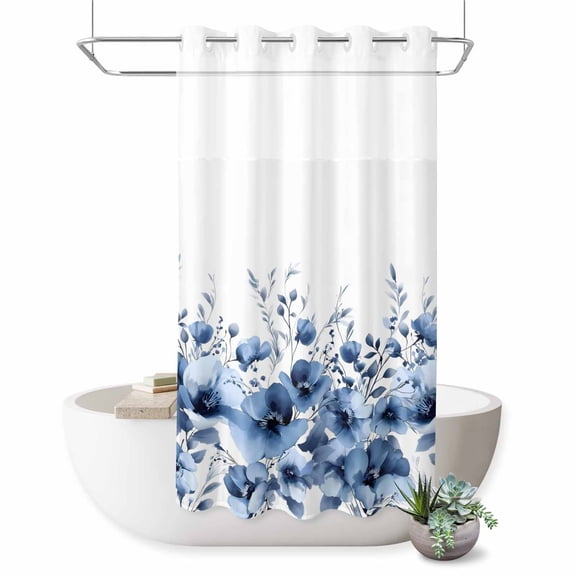 No Hook Shower Curtain, Blue Blooms Floral Shower Curtains for Bathroom with See Through Top Window, Farmhouse Spring Flowers Botanical Waterproof & Washable Bath Curtain Stand Up Stall 36"x72"