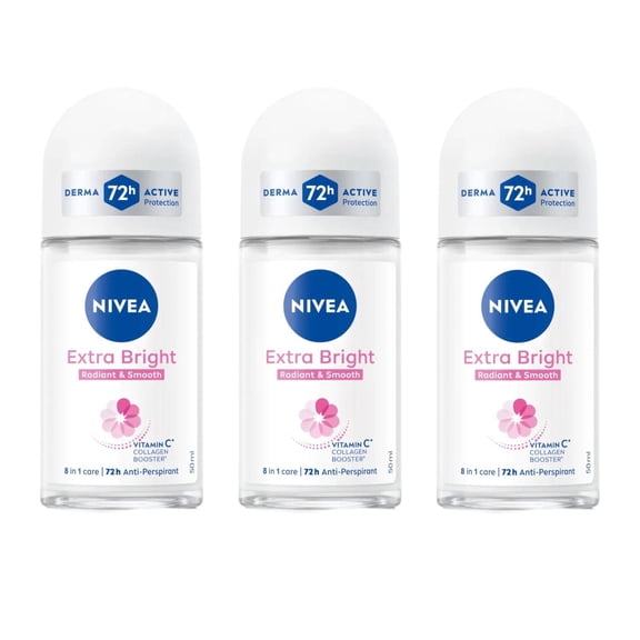 NIVEA Women Extra Brightening Roll-On Deodorant 25ml 72H Sweat & Odor Protection Smooth Underarms Vitamin C & Licorice Formula Gentle Skin Care for Fresh Bright Confidence 3-Pack