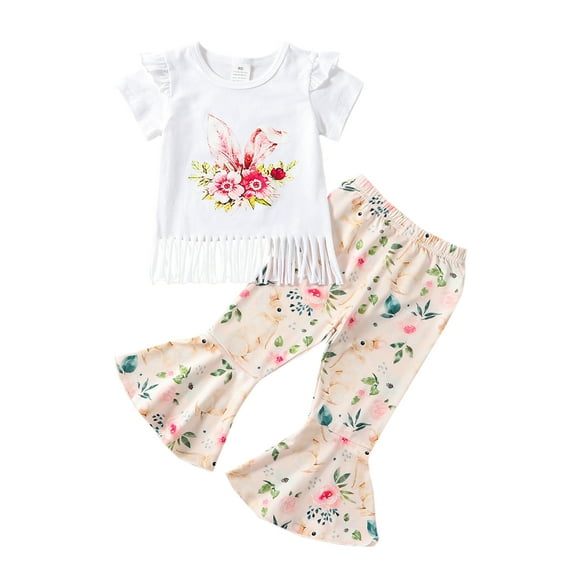Bagilaanoe 2pcs Toddler Baby Girl Long Pants Set White Short Sleeve Ruffle T-shirt Tops   Flare Trousers 6M 12M 18M 24M 3T 4T Kids Casual Outfits