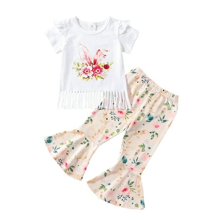 

Bagilaanoe 2pcs Toddler Baby Girl Long Pants Set White Short Sleeve Ruffle T-shirt Tops + Flare Trousers 6M 12M 18M 24M 3T 4T Kids Casual Outfits