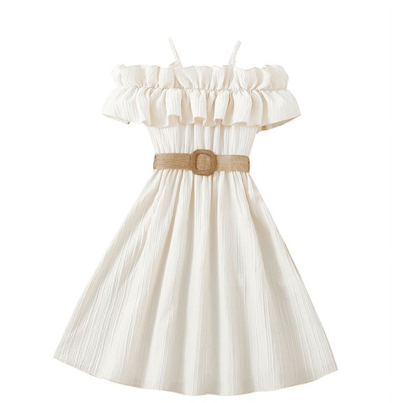 Girl's Cold Shoulder Ruffle Trim Short Sleeve Dresses Belted Flared A Line Dress Casual Summer Vacation Outfits with Belt White 80