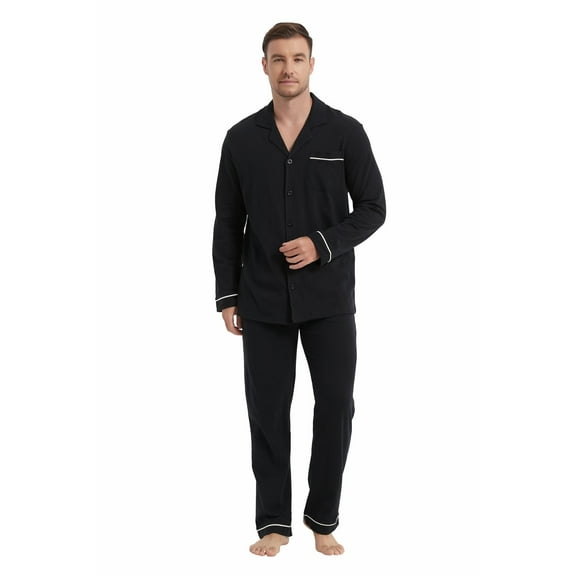 Men 100% Cotton Pajama Sets Long Sleeve PJS For Men Button Down Stretchy knit Nightwear Soft Lounge Set