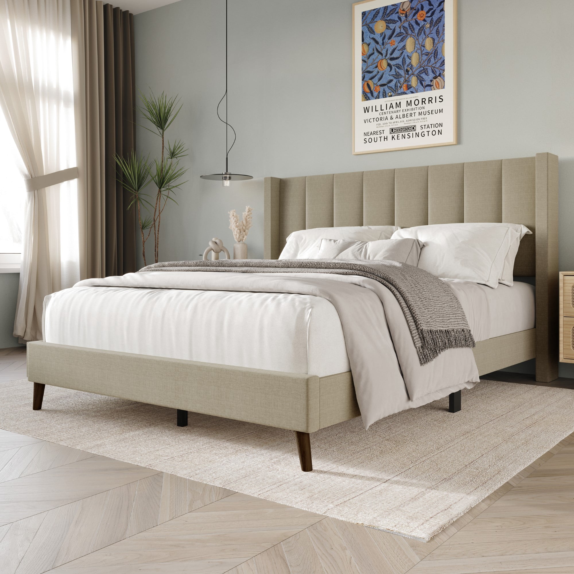 Home Design Cranston Full Upholstered Panel Bed with Wingback Headboard and Vertical Channel Tufting, Dark Beige, Easy Assembly