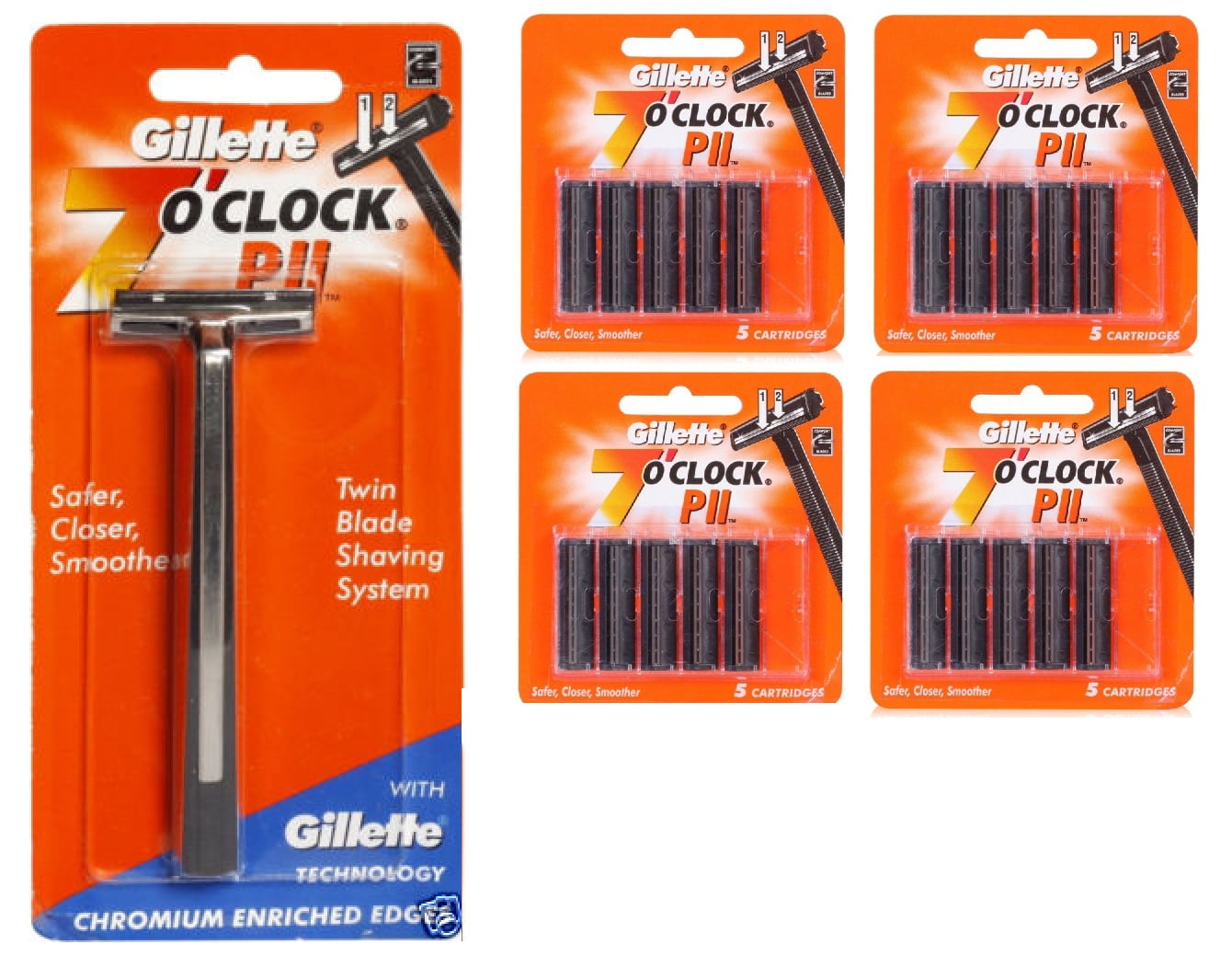 Gillette 7 O'Clock PII Trac II Razor + 7 O'Clock PII 5 ct. Razor Blades (No Lube Strip) (Pack of 4) + Facial Hair Remover Spring