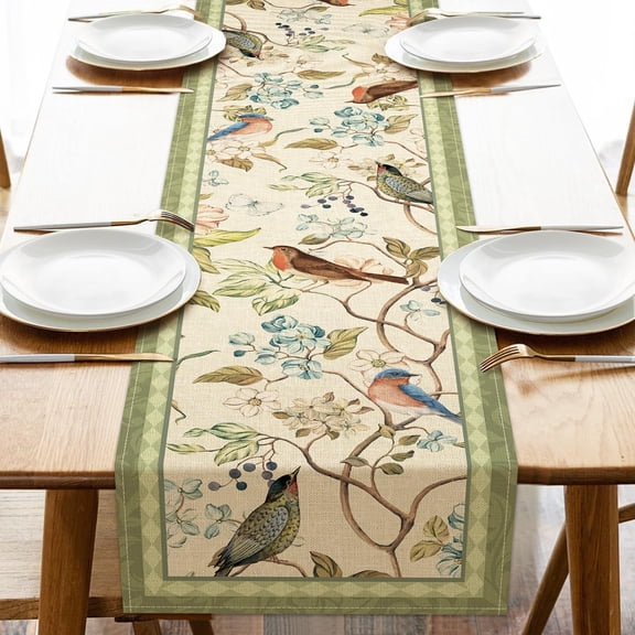 Vintage Flower Birds Dining Table Runner, Green Elegant Floral Bluebird Robin Burlap Kitchen Decoration, Spring Summer Farmhouse Retro Indoor Outdoor Home Decor Party Supply 13 x 72 Inches