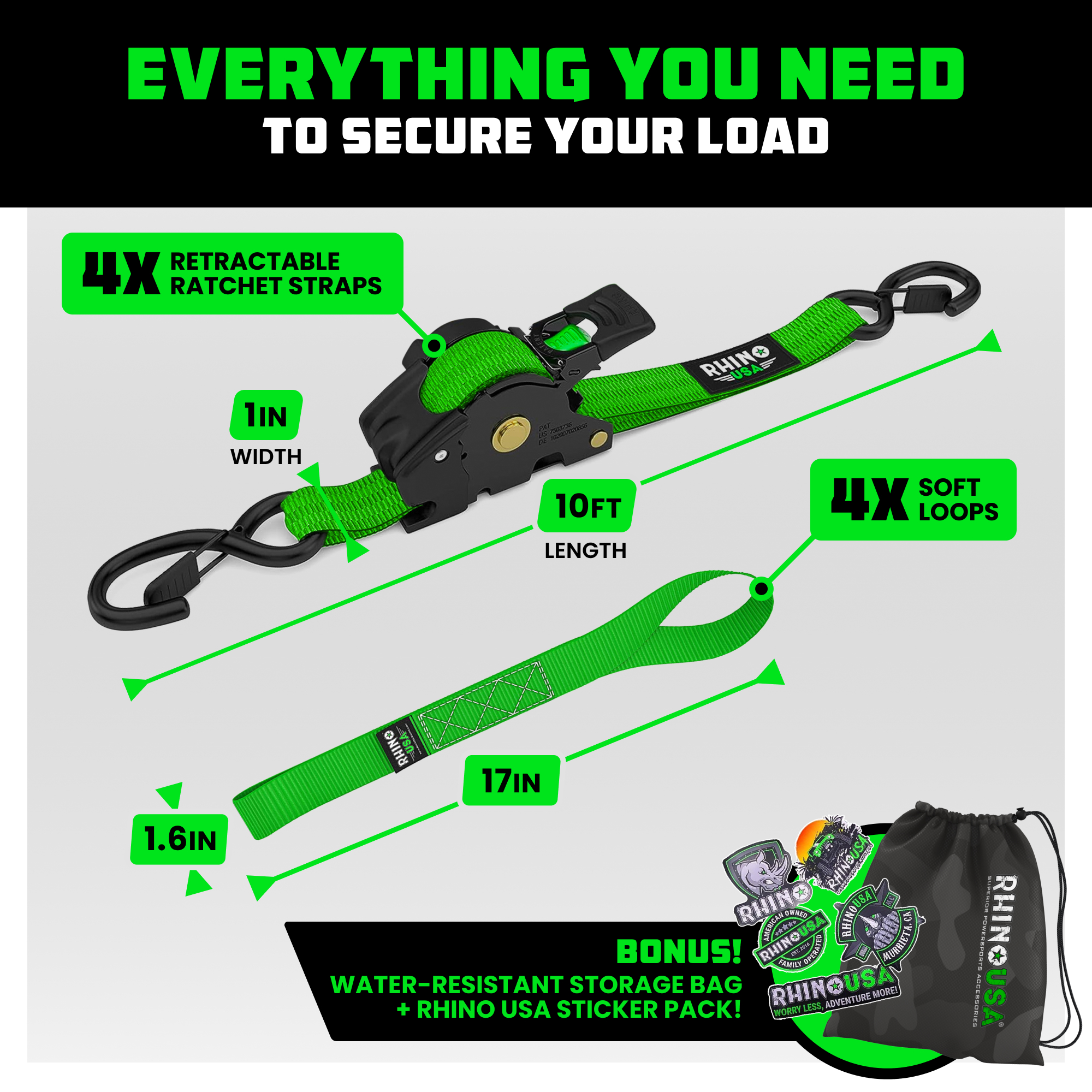 Rhino USA 1" x 10' Retractable Ratchet Straps 1,209lb Break Strength (Green 4-Pack)