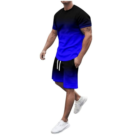 Yindaity 2 Piece Set for Men Summer Short Sleeve and Shorts Set Color Block Track Suit Casual Joggers Sets Big and Tall Shorts Set Blue,XL