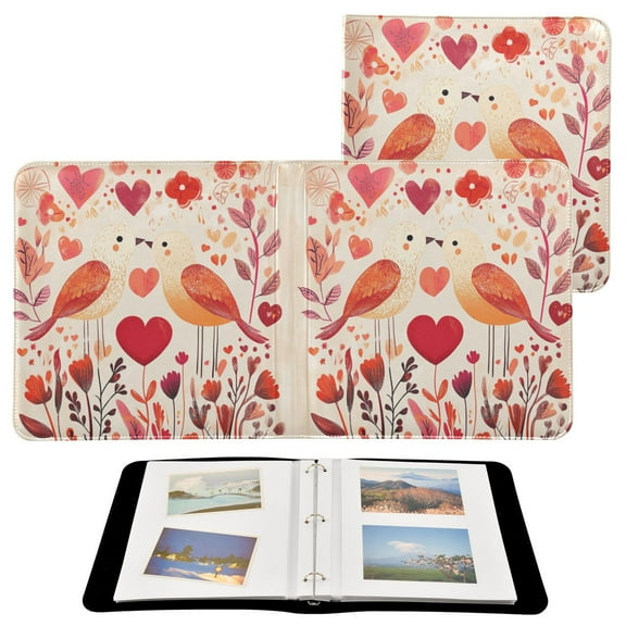 Leather Cover Photo Album 80 Pockets 4x6 Photos Bookshelf Picture Album Lovebirds with Flowers Vines Hearts