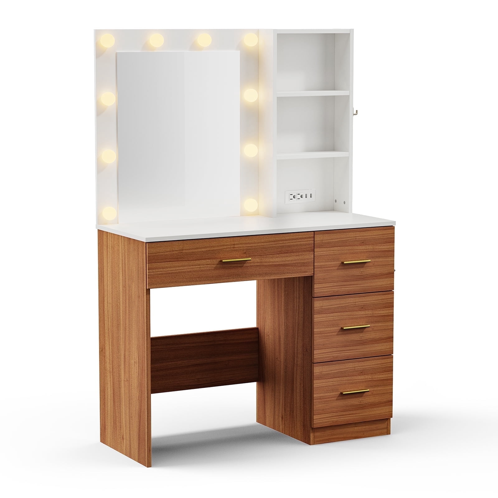 Raffle Pinker Vanity Desk Makeup Dressing Table with Mirror and Lights,4 Drawers,Storage Shelves,Power Outlet,Brown
